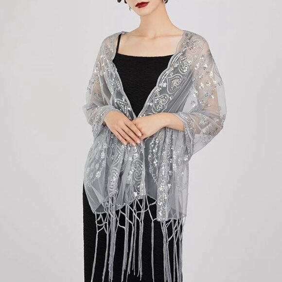 Accessories - Silver 1920s Retro Fringe Sequin Lace Shawl Wrap‎ Long Evening Party Shawl Shrug